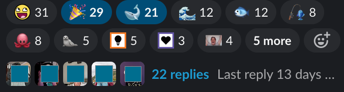 a screenshot of slack reactions to a post, showing many reactions and comments
